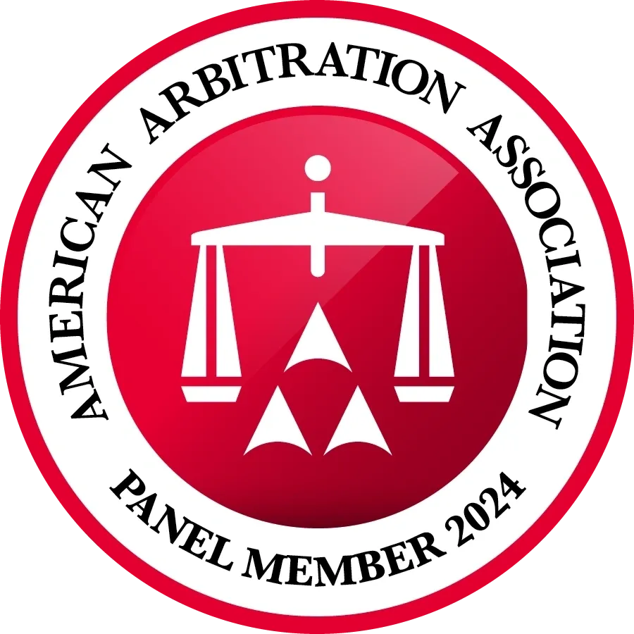 A red and white logo for the american arbitration association.